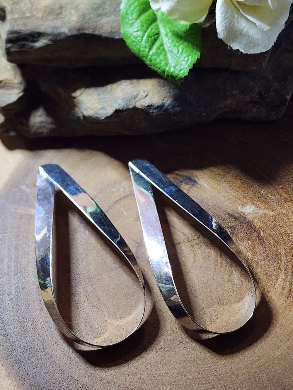Sleek Silver Toned Teardrop Hoop Pierced Earrings